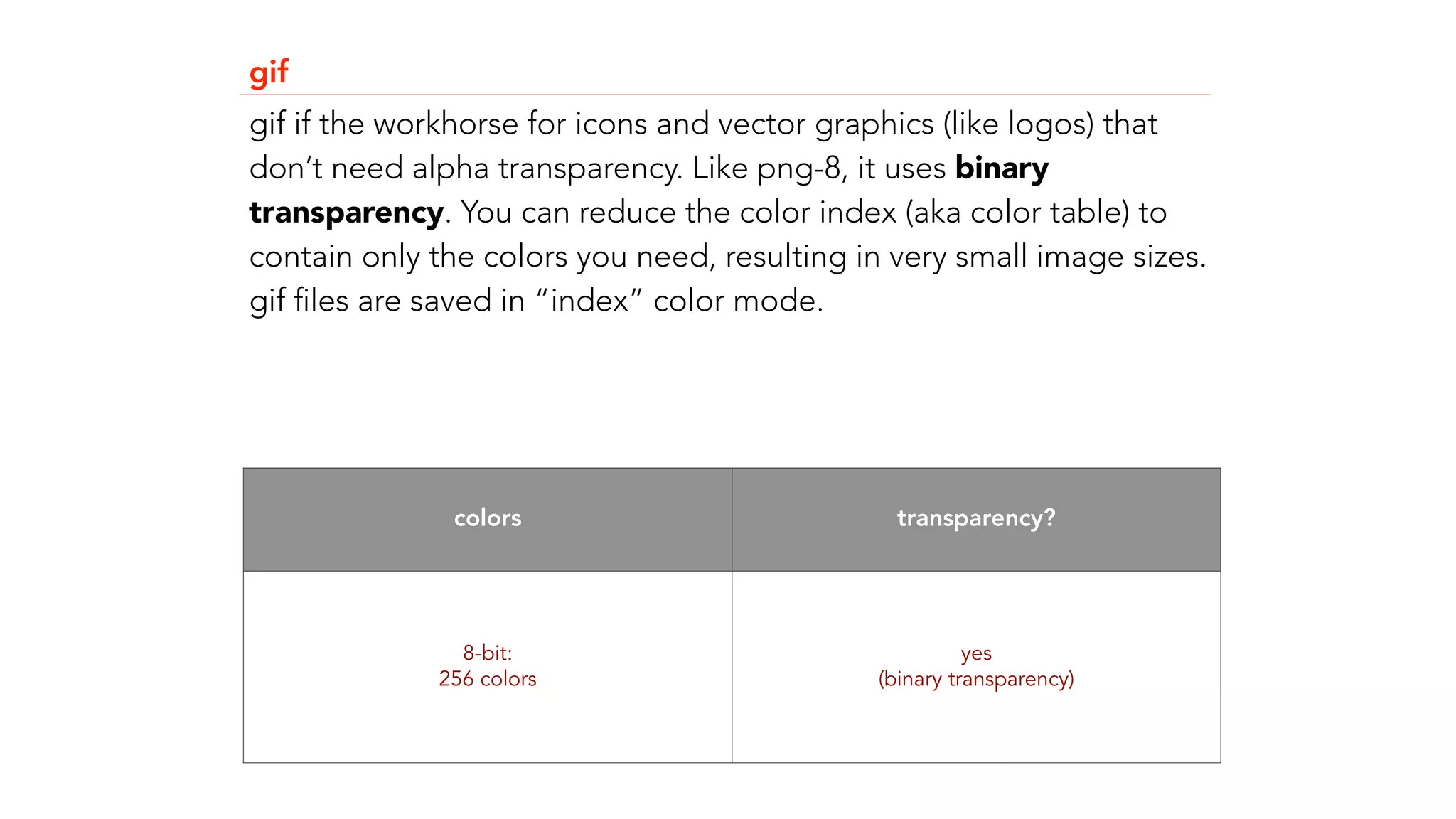 gif 
gif if the workhorse for icons and vector graphics (like logos) that 
don&rsquo;t need alpha transparency. Like png-8, it uses binary 
transparency. You can reduce the color index (aka color table) to 
contain only the colors you need, resulting in very small image sizes. 
gif files are saved in &ldquo;index&rdquo; color mode. 
colors transparency? 
8-bit: 
256 colors 
yes 
(binary transparency) 
 