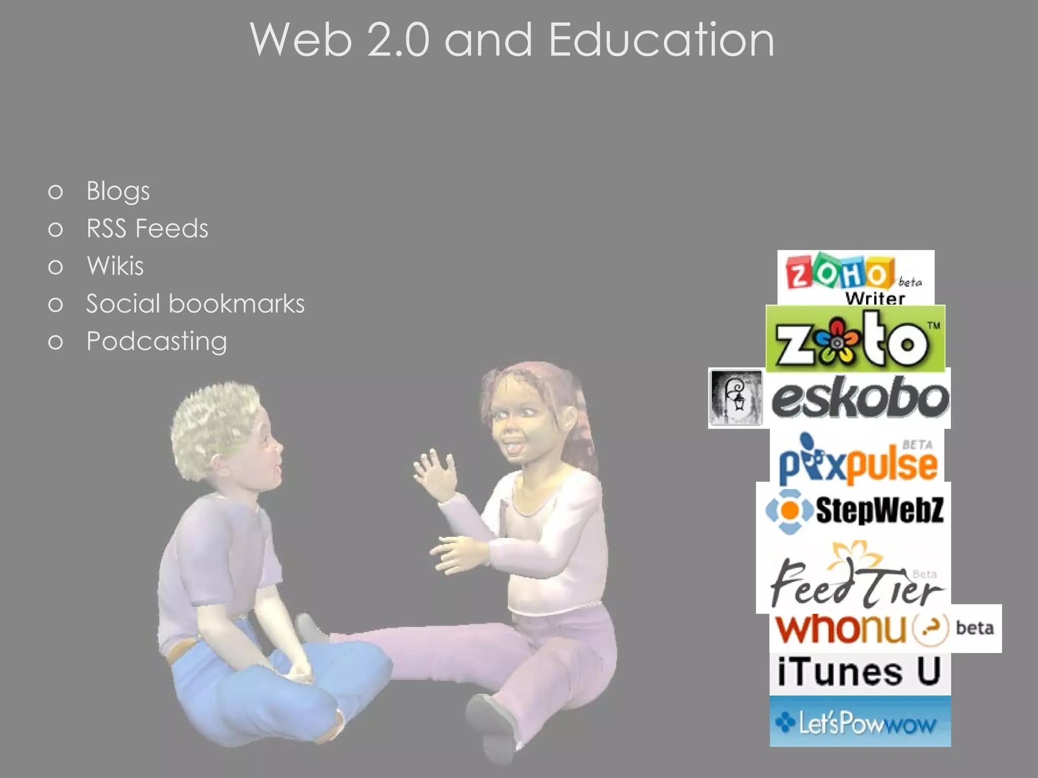 Web 2.0 and Education Blogs RSS Feeds Wikis Social bookmarks Podcasting 