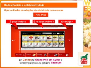 Redes Sociais e colaboratividade Em  Cannes  foi  Grand Prix em Cyber  e também foi premiada na categoria   Titanium Oportunidades de relações de afetividade com marcas É publicidade? É relacionamento? É serviço? Nike Plus 