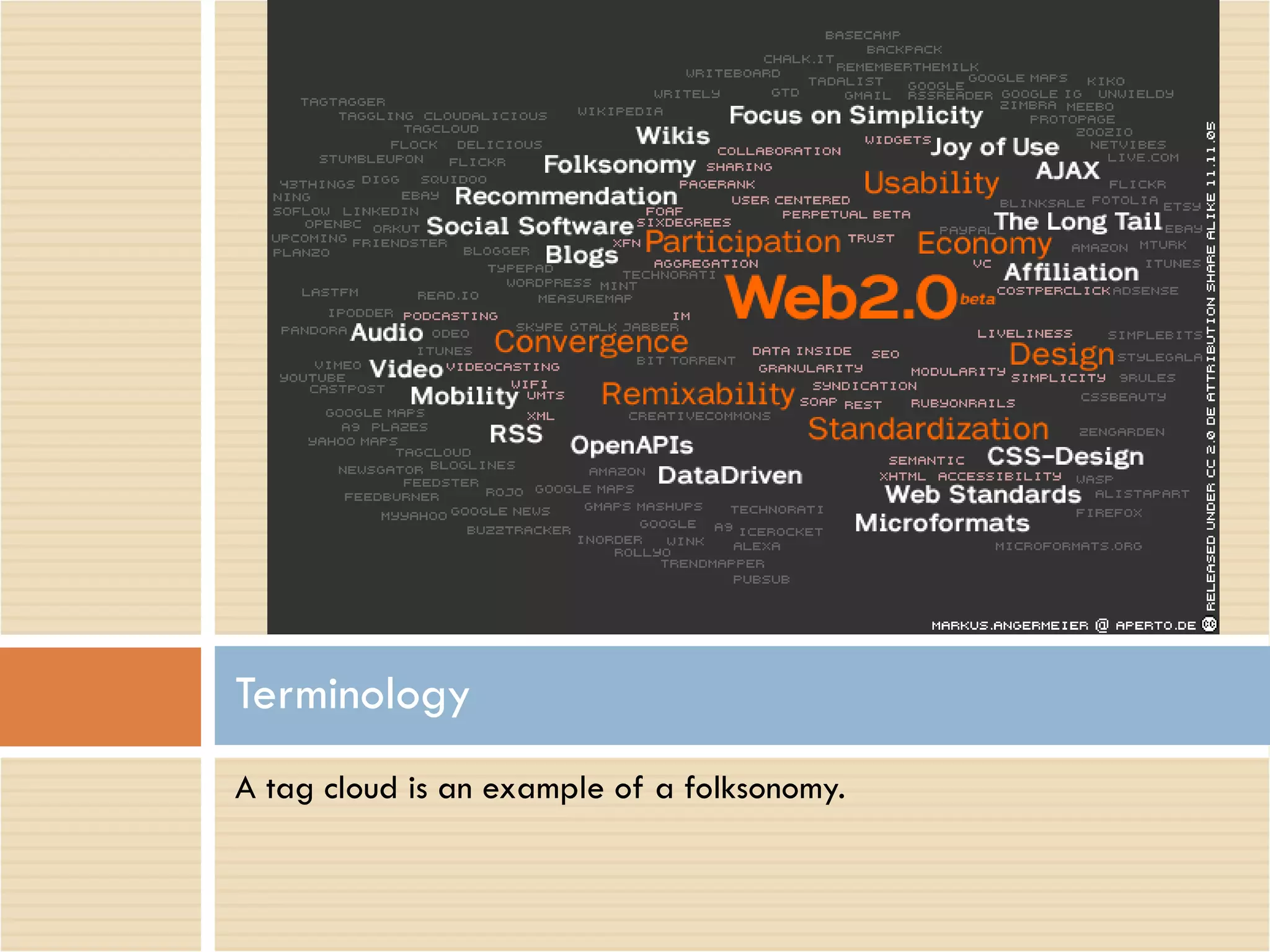 A tag cloud is an example of a folksonomy.  Terminology 