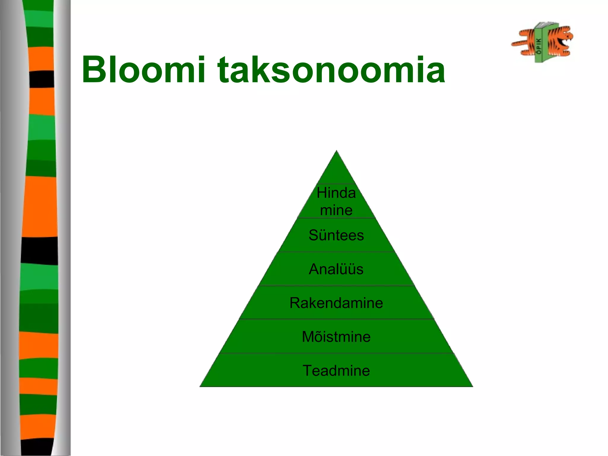 Bloomi taksonoomia
Hinda
mine
Süntees
Analüüs
Rakendamine
Mõistmine
Teadmine
 