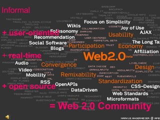 Informal + user-oriented +  real-time + open source = Web 2.0 Community 