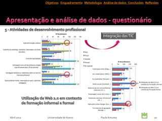 Objetivos Enquadramento Metodologia Análise de dados Conclusões Reflexões




                                                                                                Nº de professores
                                                              0            20         40           60      80     100     120         140                                 Integração das TIC
                                                                                21
                                                                                 25
                               Ações de formação contínua                                                           100
                                                                                                        68
                                                                                          38
                                                                               18
Conferências, workshops, seminários relacionados com temas                      20
                                                                                                                   98
                        educativos                                                                         71                               Nulo
                                                                                               45
                                                                                          37                                                Pouco
                                                                      4
                                   Cursos de especialização                    17                                                           Razoável
                                                                                                           70
                                                                                                                                124                                                               Nº de professores
                                                                                                                                            Elevado
                                                                                     30                                                                                                  0       50      100     150          200
              Participação numa CoP de professores dirigida               10                                                                N/ responde
                                                                                                       66
                 especificamente para o DP de docentes                                     40                                                                                                                          138
                                                                                                                        106                               Publicação online (Blogs...)                           109
                                                                               18
   Investigação individual ou colaborativa sobre um tema de       0                                                                                                                                         81
                                                                                                           71                                   Conteúdos colaborativos (Wikis...)                     65
                      interesse profissional                                                                        100
                                                                                                      63
                                                                                                                                                    Partilha multimédia (Youtube…)                                 129
                                                                                                 50                                                                                                         86
  Apoio (professor mentor, observação por pares, supervisão           6
                                                                                      35                                                                                                                                             Utilizações da Web 2.0 em
                        pedagógica)                                                   36                                                                                                                                       194
                                                                                                                                125                       Redes sociais (Facebook…)                    64                            contexto de formação informal

                                                                                                                                                   Redes sociais de cariz profissional                                               Utilizações da Web 2.0 em
                                                                                                                                                                                                                        146
                                                                                                                                                           (Interactic 2.0…)                               76                        contexto de formação formal

                                                                                                                                                   Etiquetagem social (De.li.cious…)                       72
                                                                                                                                                                                                 29
                                                                                                                                                   Ambientes imersivos 3D (Second                     52
                                                                                                                                                               Life…)                        8

                                                                                                                                                   Aplicações online (Google Docs…)                               120
                                                                                                                                                                                                                    138
                                                                                                                                                          Ferramentas de agregação                          80
                                                                                                                                                                (iGoogle…)                       33



          Abril 2012                                                           Universidade de Aveiro                                                                  Paula Antunes                                                                   20
 