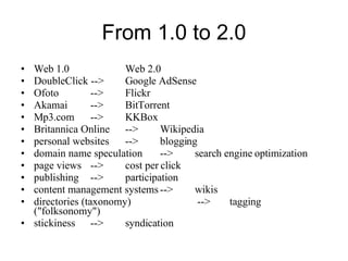 From 1.0 to 2.0 Web 1.0    Web 2.0 DoubleClick -->  Google AdSense Ofoto  -->  Flickr Akamai  -->  BitTorrent Mp3.com  -->  KKBox Britannica Online  -->  Wikipedia personal websites  -->  blogging domain name speculation  -->  search engine optimization page views  -->  cost per click publishing  -->  participation content management systems  -->  wikis directories (taxonomy)    -->  tagging ("folksonomy") stickiness  -->  syndication 