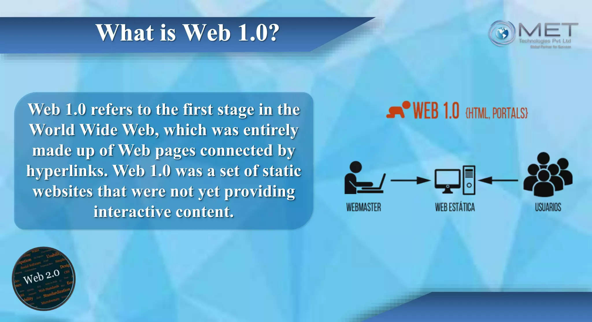 Web 1.0 refers to the first stage in the
World Wide Web, which was entirely
made up of Web pages connected by
hyperlinks. Web 1.0 was a set of static
websites that were not yet providing
interactive content.
 