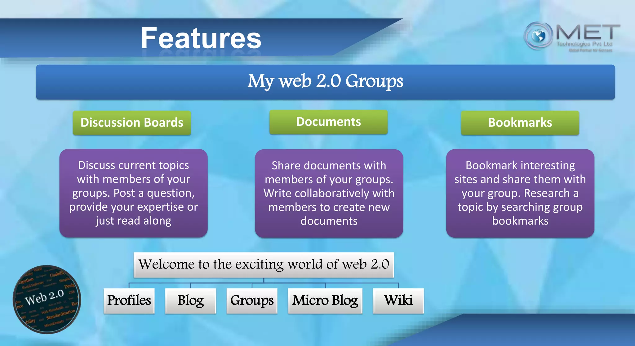 Features
My web 2.0 Groups
Discussion Boards
Discuss current topics
with members of your
groups. Post a question,
provide your expertise or
just read along
Share documents with
members of your groups.
Write collaboratively with
members to create new
documents
Documents
Bookmark interesting
sites and share them with
your group. Research a
topic by searching group
bookmarks
Bookmarks
Welcome to the exciting world of web 2.0
Profiles Blog Groups Micro Blog Wiki
 