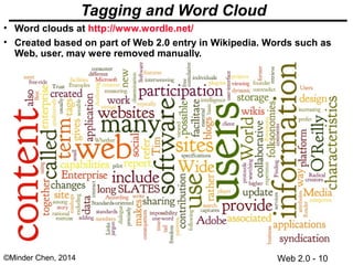 Web 2.0 - 10©Minder Chen, 2014
Tagging and Word Cloud
• Word clouds at http://www.wordle.net/
• Created based on part of W...