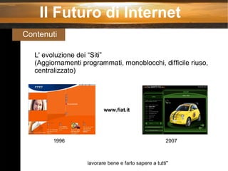 Il Futuro di Internet Contenuti  L' evoluzione dei “Siti” (Aggiornamenti programmati, monoblocchi, difficile riuso, centralizzato) lavorare bene e farlo sapere a tutti" www.fiat.it 1996 2007 