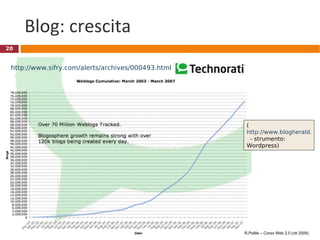 Blog: crescita http://www.sifry.com/alerts/archives/000493.html ( http://www.blogherald.com/2008/02/11/how-many-blogs-are-there-is-someone-still-counting/   - strumento: Wordpress) R.Polillo – Corso Web 2.0 (ott 2009) 