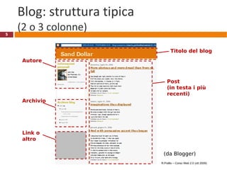 Blog: struttura tipica  (2 o 3 colonne) Post  (in testa i più recenti) Titolo del blog Autore Archivio Link o altro (da Blogger) R.Polillo – Corso Web 2.0 (ott 2009) 