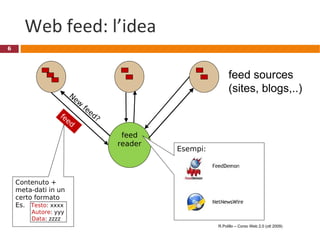 Web feed: l’idea feed reader feed sources (sites, blogs,..) R.Polillo – Corso Web 2.0 (ott 2009) Contenuto +  meta-dati in un certo formato Es.  Testo : xxxx Autore : yyy Data : zzzz New feed? feed Esempi: 