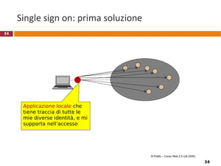 Privacy La  privacy  è il diritto alla riservatezza delle informazioni personali e della propria vita privata La privacy si traduce spesso nella capacità di una persona di impedire che le informazioni che la riguardano diventino note ad altri, qualora il soggetto non abbia volontariamente scelto di fornirle     diritto al controllo sui propri dati personali http://it.wikipedia.org/wiki/Privacy In Italia:  http://www.garanteprivacy.it/garante/navig/jsp/index.jsp R.Polillo – Corso Web 2.0 (ott 2009) 
