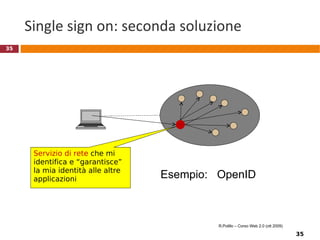 Internet privacy Problema enormemente articolato e complesso Le normative dei vari paesi sono molto diverse, ma la rete è globale  Dati sensibili e non sensibili; dati permanenti o non permanenti (la sensibilità di un dato può cambiare nel tempo) Dati aggregati e dati disaggregati: la sensibilità può cambiare con il livello di aggregazione Spesso è sufficiente poter controllare in modo “ragionevolmente” sicuro a chi può essere rivelata la propria identità e i dati personali ad essa associati http://en.wikipedia.org/wiki/Internet_privacy R.Polillo – Corso Web 2.0 (ott 2009) 