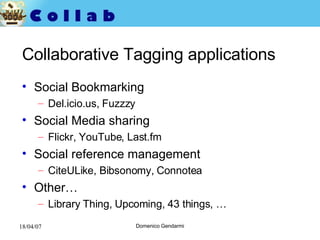 Collaborative Tagging applications Social Bookmarking Del.icio.us, Fuzzzy Social Media sharing Flickr, YouTube, Last.fm Social reference management CiteULike, Bibsonomy, Connotea Other… Library Thing, Upcoming, 43 things, … 