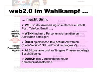 web2.0 im Wahlkampf … …  macht Sinn, WEIL  in der Anwendung so einfach wie Schrift, Post, Telefon, Email, …; WENN  mehrere Personen sich an diversen Aktivitäten beteiligen; ÜBER  spielerische  low profile  Aktivitäten ("beta-Version" Stil und "work in progress"); ALS  konstante und auf längere Phasen angelegte Beschäftigung; DURCH  das Vorexerzieren neuer Kommunikationsformen. Schrift, Religion, Architektur Buchdruck, Landessprachen, Enzyklopädien mündliche    Überlieferung,  Musik Vokalalphabet, Papyrus, Bibliothek Halbleiter, Personal Computer, Hyperlinks Post ,  Zeitungen,  Eisenbahn,  Telegraphie  Radio, Fernsehen, Telefon web2.0,  Telekom,  Blogs  