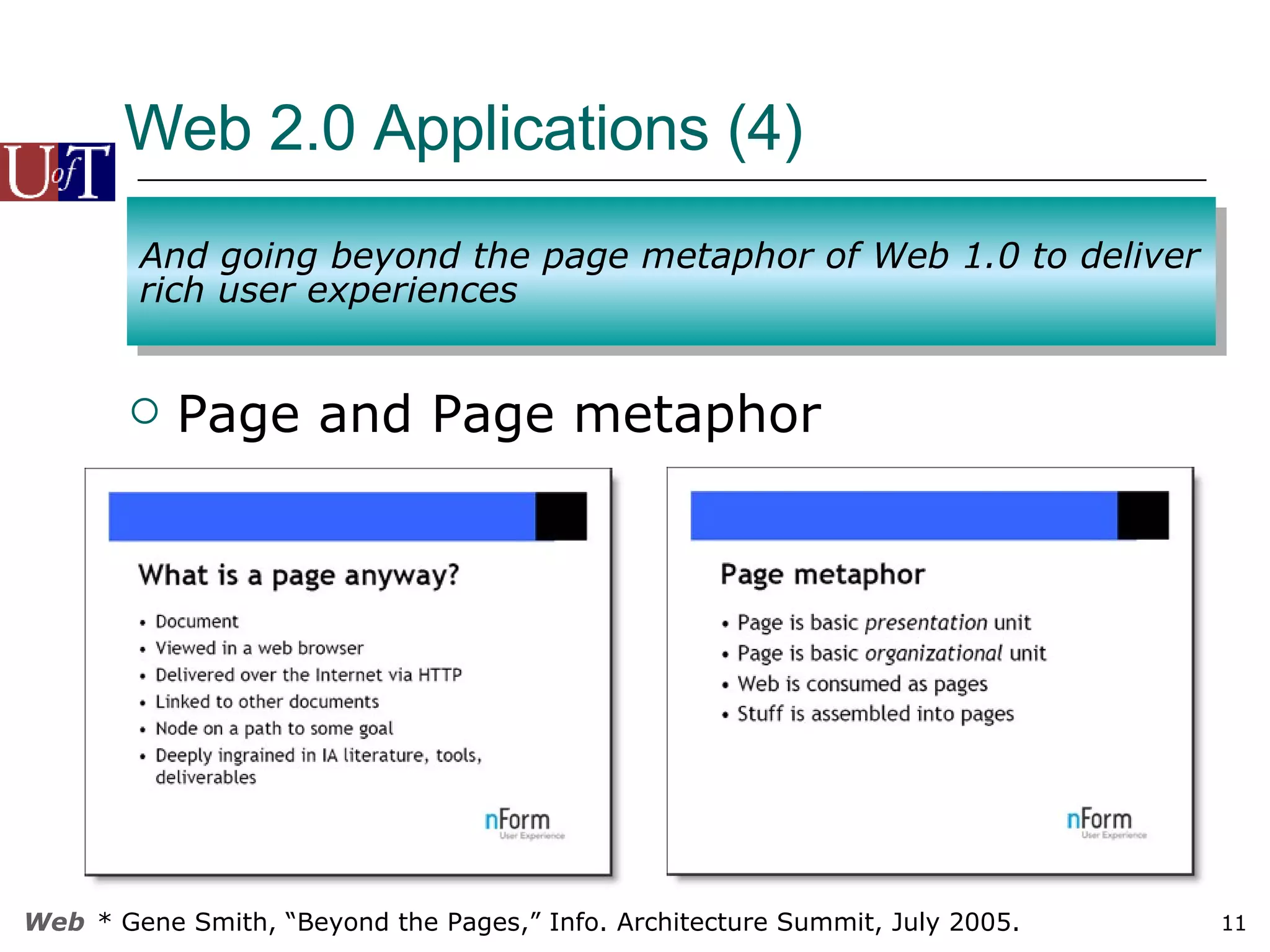 Web 2.0 Applications (4)  Page and Page metaphor * Gene Smith, “Beyond the Pages,” Info. Architecture Summit, July 2005. And going beyond the page metaphor of Web 1.0 to deliver rich user experiences 