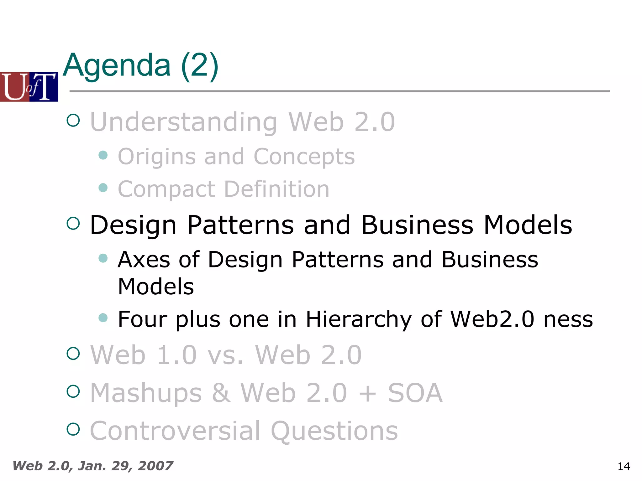Agenda (2) Understanding Web 2.0 Origins and Concepts Compact Definition Design Patterns and Business Models Axes of Design Patterns and Business Models Four plus one in Hierarchy of Web2.0 ness Web 1.0 vs. Web 2.0  Mashups & Web 2.0 + SOA Controversial Questions 
