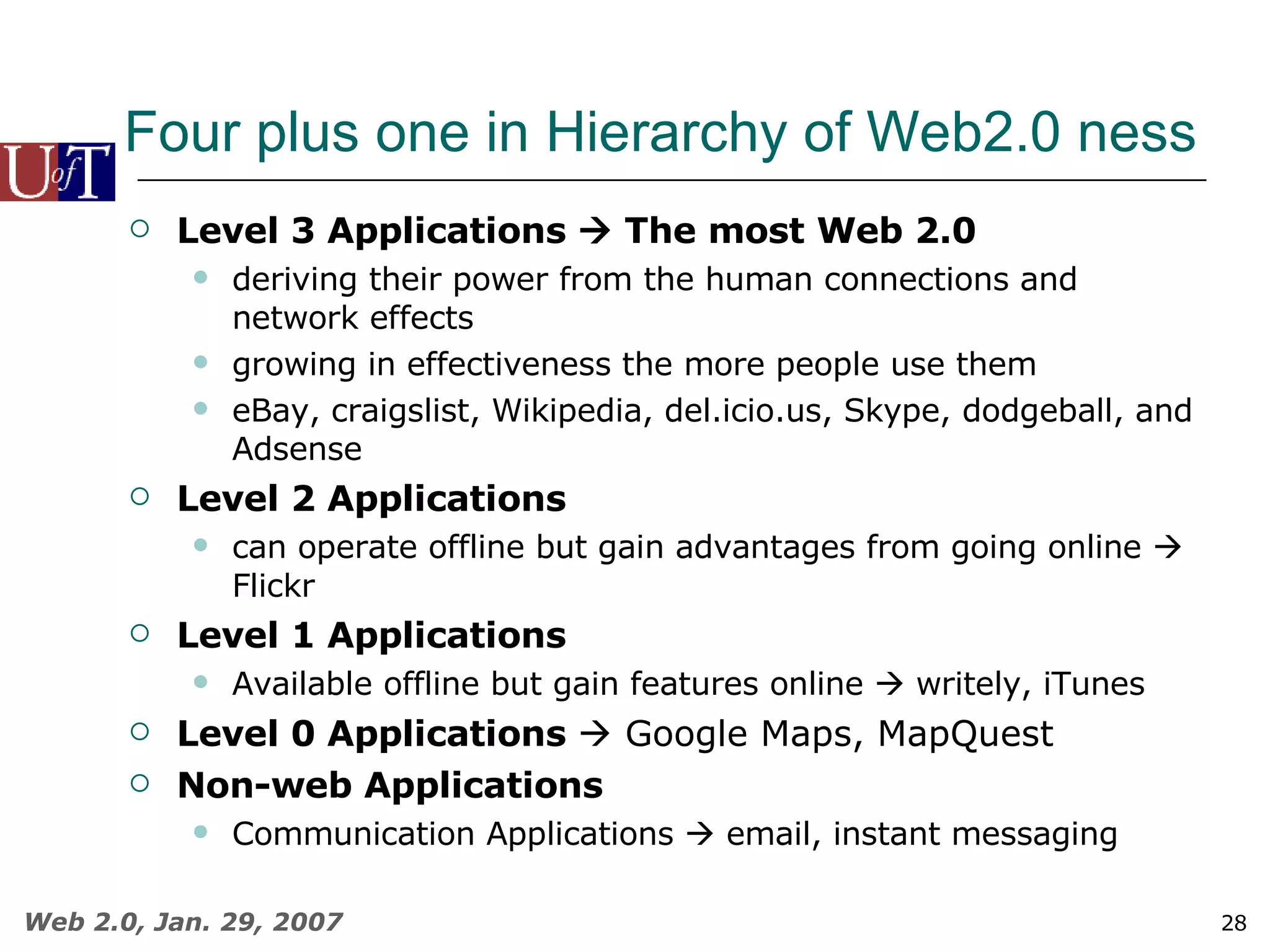 Four plus one in Hierarchy of Web2.0 ness Level 3 Applications    The most Web 2.0 deriving their power from the human connections and network effects growing in effectiveness the more people use them eBay, craigslist, Wikipedia, del.icio.us, Skype, dodgeball, and Adsense Level 2 Applications can operate offline but gain advantages from going online    Flickr Level 1 Applications Available offline but gain features online    writely, iTunes  Level 0 Applications    Google Maps, MapQuest Non-web Applications   Communication Applications    email, instant messaging 