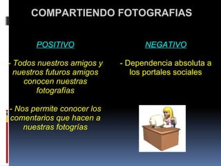   COMPARTIENDO FOTOGRAFIAS POSITIVO   - Todos nuestros amigos y nuestros futuros amigos conocen nuestras fotografías   - Nos permite conocer los comentarios que hacen a nuestras fotogrías     NEGATIVO   - Dependencia absoluta a los portales sociales 