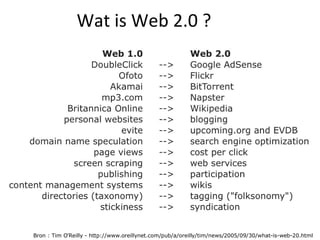 Wat is Web 2.0 ? Bron : Tim O’Reilly - http://www.oreillynet.com/pub/a/oreilly/tim/news/2005/09/30/what-is-web-20.html 