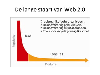 De lange staart van Web 2.0 3 belangrijke gebeurtenissen :  Democratisering productietools Democratisering distributiekanalen Tools voor koppeling vraag & aanbod 