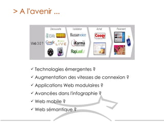 Technologies émergentes ? Augmentation des vitesses de connexion ? Applications Web modulaires ? Avancées dans l'infographie ? Web mobile ? Web sémantique ? > A l'avenir ... 