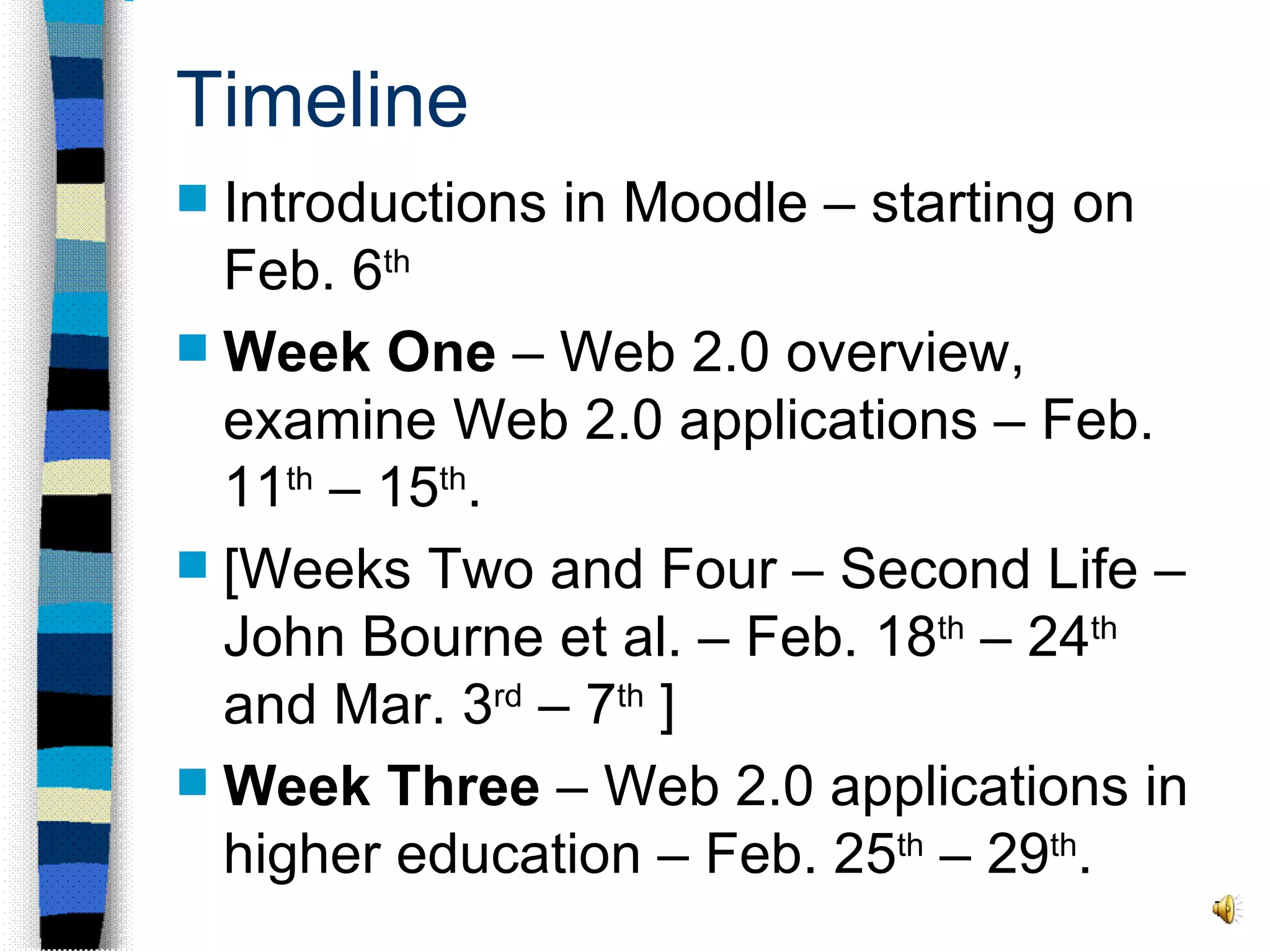 Timeline Introductions in Moodle – starting on Feb. 6 th Week One  – Web 2.0 overview, examine Web 2.0 applications – Feb. 11 th  – 15 th . [Weeks Two and Four – Second Life – John Bourne et al. – Feb. 18 th  – 24 th  and Mar. 3 rd  – 7 th  ] Week Three  – Web 2.0 applications in higher education – Feb. 25 th  – 29 th . 