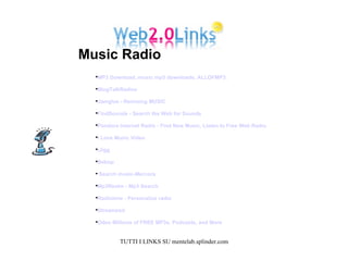 MP3 Download, music mp3 downloads. ALLOFMP3.   BlogTalkRadioc   Jamglue - Remixing MUSIC   FindSounds - Search the Web for Sounds   Pandora Internet Radio - Find New Music, Listen to Free Web Radio   I Love Music Video   iJigg   Bebop   Search music-Mercora   Mp3Realm - Mp3 Search   Radiotime - Personalize radio   Streampad   Odeo Millions of FREE MP3s, Podcasts, and More   Music Radio  