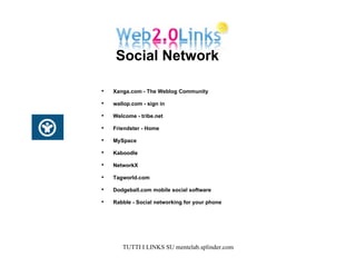 Xanga.com - The Weblog Community  wallop.com - sign in  Welcome - tribe.net  Friendster - Home  MySpace Kaboodle  NetworkX  Tagworld.com  Dodgeball.com mobile social software  Rabble - Social networking for your phone Social Network  