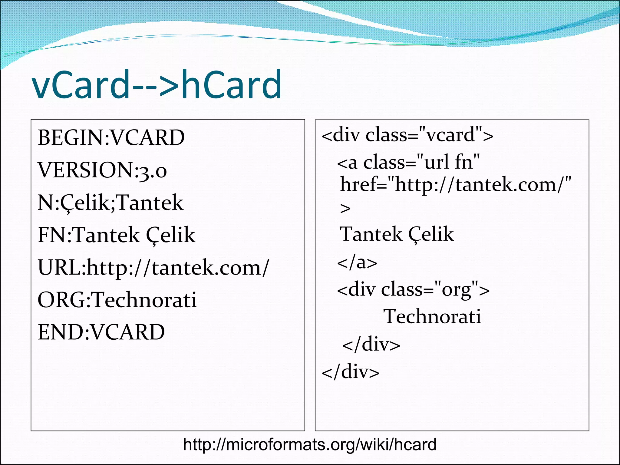 vCard-->hCard BEGIN:VCARD VERSION:3.0 N:Çelik;Tantek FN:Tantek Çelik URL:http://tantek.com/ ORG:Technorati END:VCARD <div class=&quot;vcard&quot;> <a class=&quot;url fn&quot;  href=&quot;http://tantek.com/&quot;> Tantek Çelik </a> <div class=&quot;org&quot;> Technorati </div> </div> http://microformats.org/wiki/hcard 