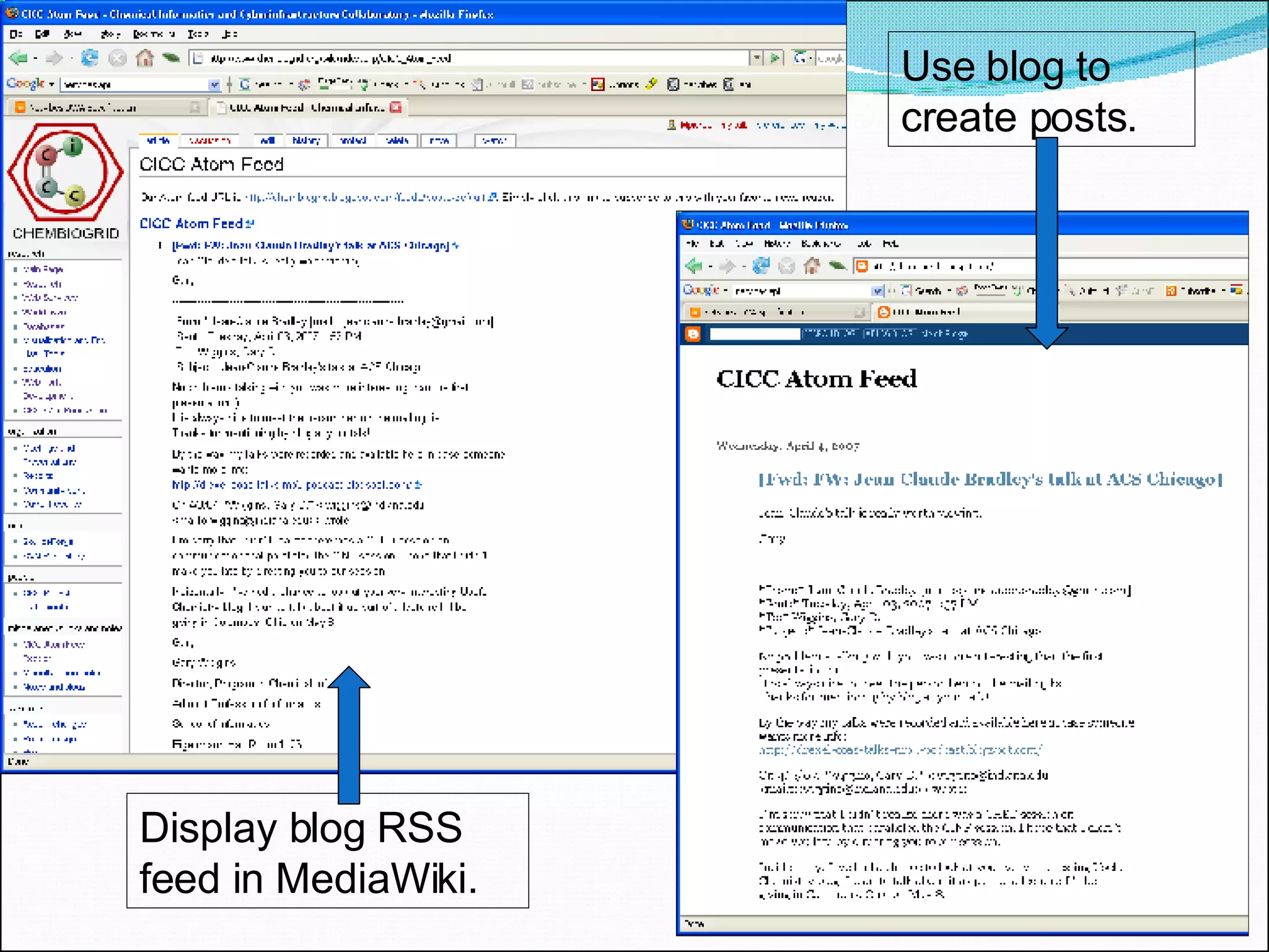 Use blog to create posts.  Display blog RSS feed in MediaWiki. 