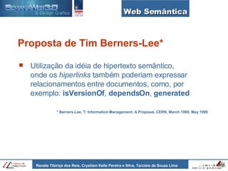 Web Semântica Utilização da idéia de hipertexto semântico, onde os  hiperlinks  também poderiam expressar relacionamentos entre documentos, como, por exemplo:  isVersionOf ,  dependsOn ,  generated Proposta de Tim Berners-Lee* * Berners-Lee, T: Information Management: A Proposal, CERN, March 1989, May 1990 