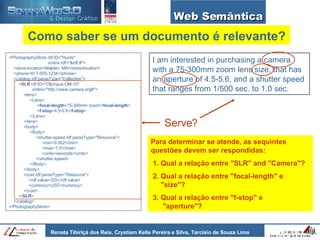 Web Semântica <PhotographyStore rdf:ID="Hunts" xmlns:rdf="&rdf;#"> <store-location>Malden, MA</store-location> <phone>617-555-1234</phone> <catalog rdf:parseType="Collection"> < SLR  rdf:ID="Olympus-OM-10" xmlns="http://www.camera.org#"> <lens> <Lens> < focal-length >75-300mm zoom</ focal-length > < f-stop >4.5-5.6</ f-stop > </Lens> </lens> <body> <Body> <shutter-speed rdf:parseType="Resource"> <min>0.002</min> <max>1.0</max> <units>seconds</units> </shutter-speed> </Body> </body> <cost rdf:parseType="Resource"> <rdf:value>325</rdf:value> <currency>USD</currency> </cost> </ SLR > </catalog> </PhotographyStore> I am interested in purchasing a camera with a 75-300mm zoom lens size, that has an aperture of 4.5-5.6, and a shutter speed that ranges from 1/500 sec. to 1.0 sec. Serve? Como saber se um documento é relevante? Para determinar se atende, as sequintes  questões devem ser respondidas: 1. Qual a relação entre "SLR" and "Camera"? 2. Qual a relação entre "focal-length" e    "size"? 3. Qual a relação entre "f-stop" e    "aperture"? 