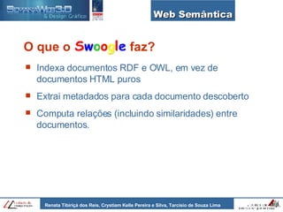 Web Semântica Indexa documentos RDF e OWL, em vez de documentos HTML puros Extrai metadados para cada documento descoberto  Computa relações (incluindo similaridades) entre documentos. O que o  faz? 