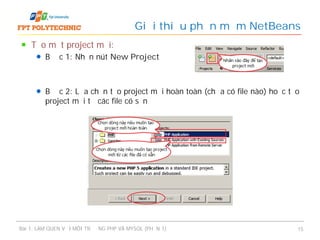 Tạo một project mới:
Bước 1: Nhấn nút New Project
Bước 2: Lựa chọn tạo project mới hoàn toàn (chưa có file nào) hoặc tạo
project mới từ các file có sẵn
Giới thiệu phần mềm NetBeans
Bài 1: LÀM QUEN VỚI MÔI TRƯỜNG PHP VÀ MYSQL (PHẦN 1) 15
 