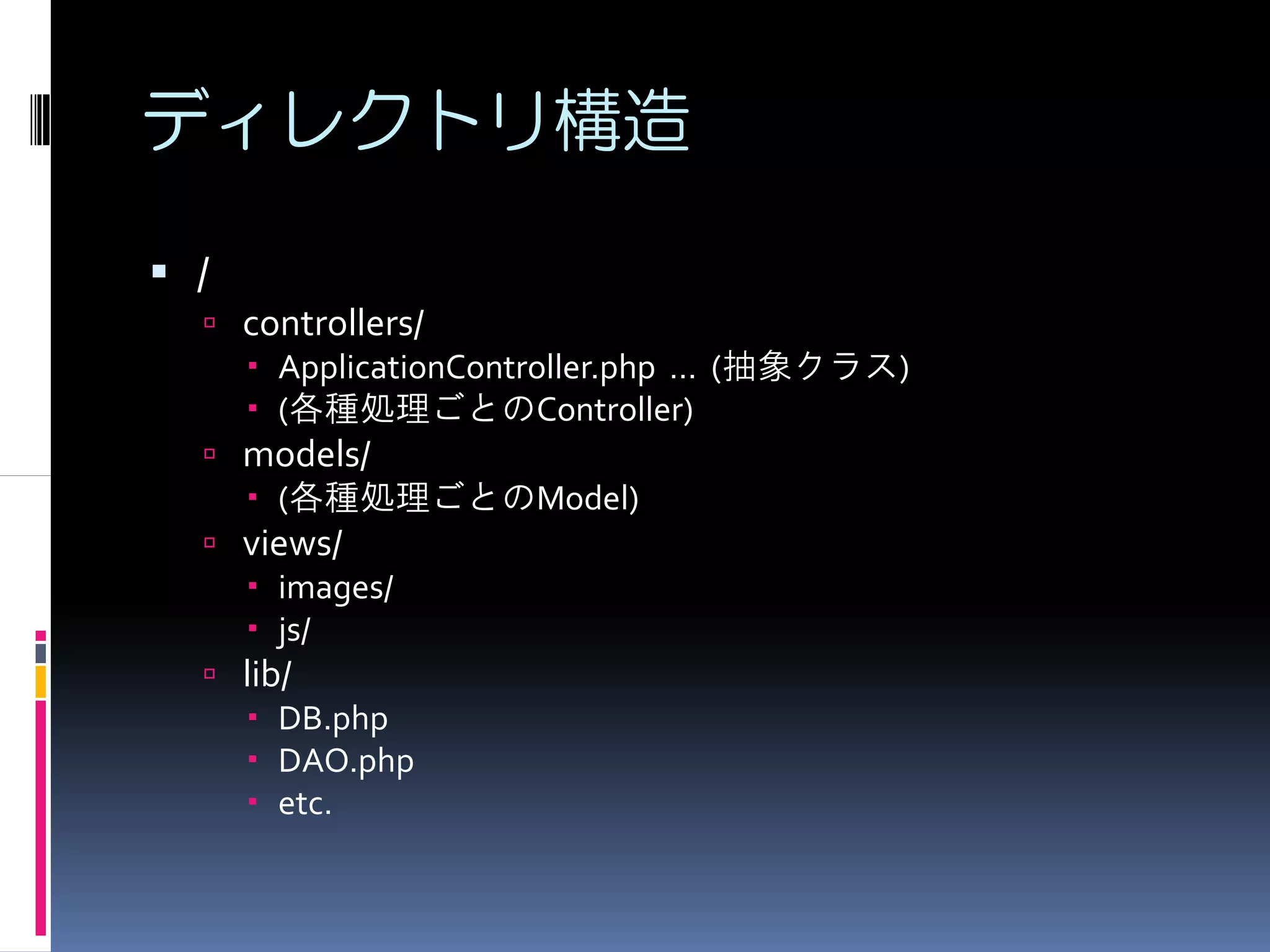 ディレクトリ構造

/
    controllers/
      ApplicationController.php … (抽象クラス)
      (各種処理ごとのController)
    models/
      (各種処理ごとのModel)
      (       Model)
    views/
      images/
      js/
    lib/
      DB.php
      DAO.php
      etc.
 