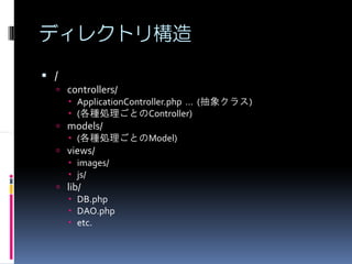 ディレクトリ構造

/
    controllers/
      ApplicationController.php … (抽象クラス)
      (各種処理ごとのController)
    models/
      (各種処理ごとのModel)
      (       Model)
    views/
      images/
      js/
    lib/
      DB.php
      DAO.php
      etc.
 