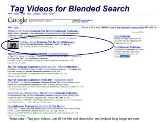 Meta data – Tag your videos, use all the title and description and include long target phrases Tag Videos for Blended Search 