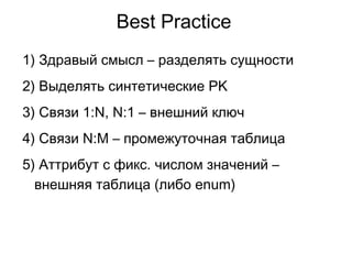 Best Practice
1) Здравый смысл – разделять сущности
2) Выделять синтетические PK
3) Связи 1:N, N:1 – внешний ключ
4) Связи N:M – промежуточная таблица
5) Аттрибут с фикс. числом значений –
внешняя таблица (либо enum)
 