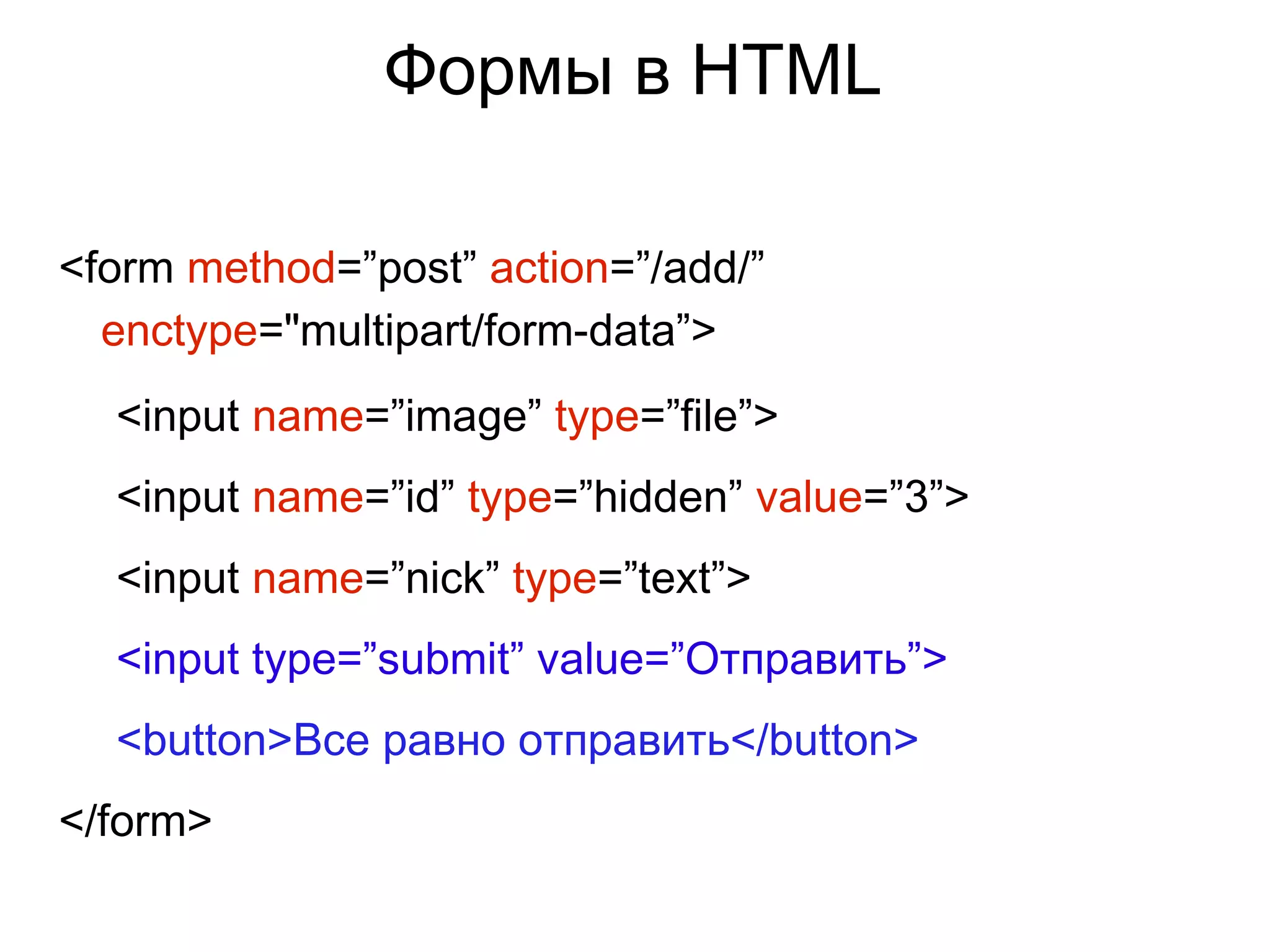 Формы в HTML
<form method=”post” action=”/add/”
enctype="multipart/form-data”>
<input name=”image” type=”file”>
<input name=”id” type=”hidden” value=”3”>
<input name=”nick” type=”text”>
<input type=”submit” value=”Отправить”>
<button>Все равно отправить</button>
</form>
 