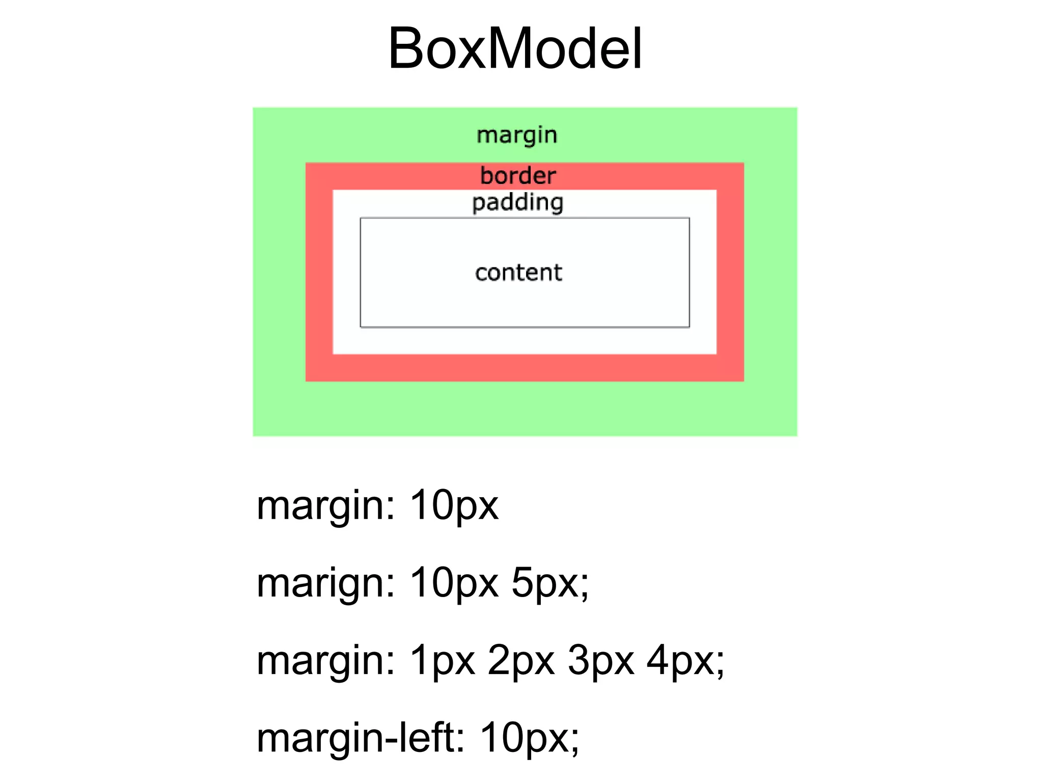 BoxModel
margin: 10px
marign: 10px 5px;
margin: 1px 2px 3px 4px;
margin-left: 10px;
 