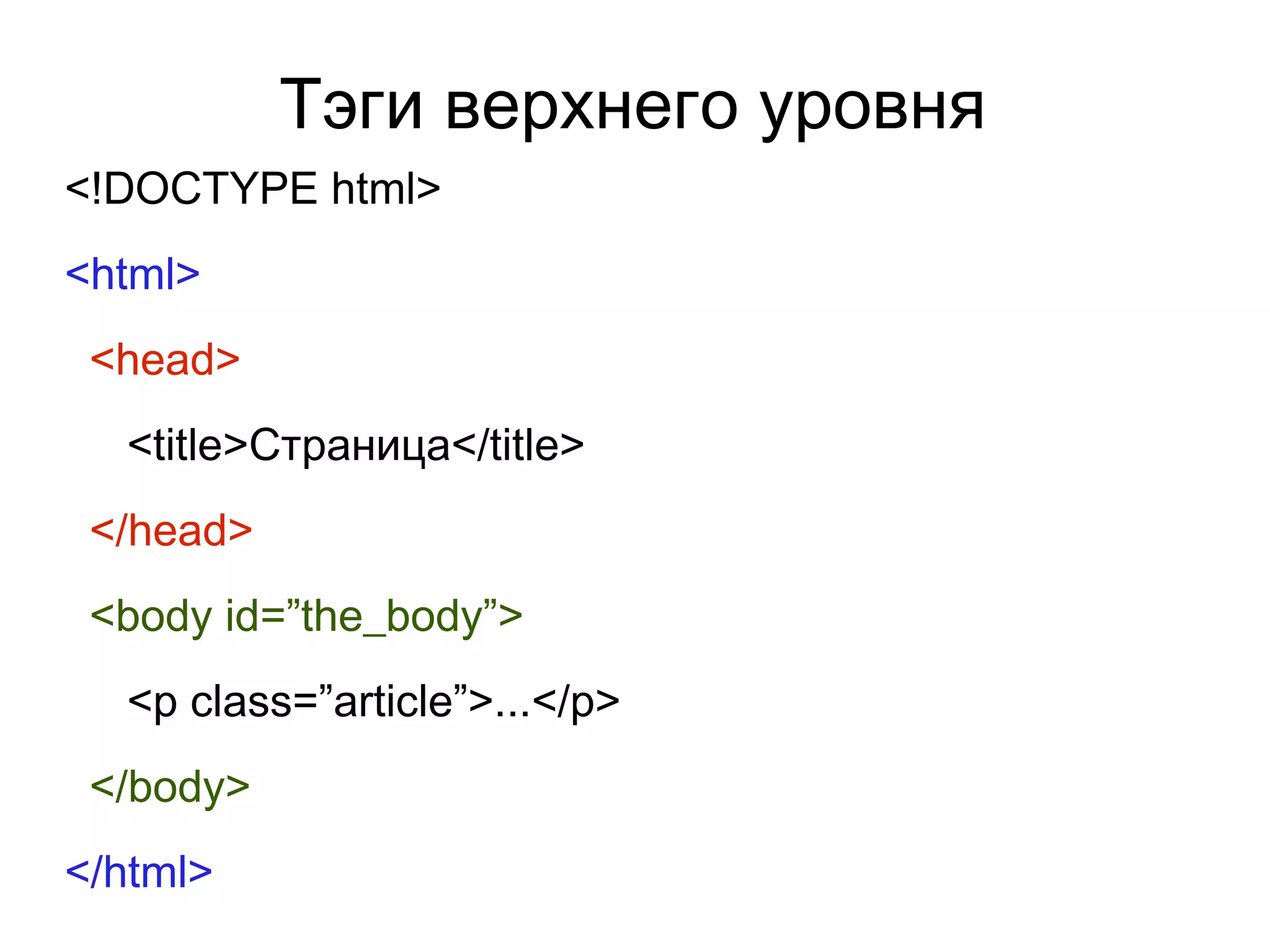 Тэги верхнего уровня
<!DOCTYPE html>
<html>
<head>
<title>Страница</title>
</head>
<body id=”the_body”>
<p class=”article”>...</p>
</body>
</html>
 