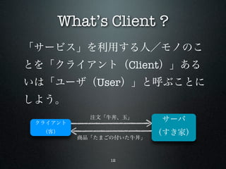What’s Client ?
「サービス」を利用する人／モノのこ
とを「クライアント（Client）」ある
いは「ユーザ（User）」と呼ぶことに
しよう。
            注文「牛丼、玉」
 クライアント
                           サーバ
  （客）                     （すき家）
          商品「たまごの付いた牛丼」



                12
 