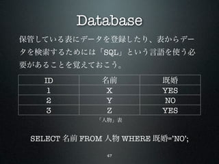 Database
保管している表にデータを登録したり、表からデー
タを検索するためには「SQL」という言語を使う必
要があることを覚えておこう。

   ID          名前          既婚
    1           X          YES
    2           Y          NO
    3           Z          YES
              「人物」表


 SELECT 名前 FROM 人物 WHERE 既婚=’NO’;

                47
 