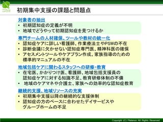 Copyright © Mediva Inc. All Rights Reserved.
初期集中支援の課題と問題点
対象者の抽出
• 初期認知症の定義が不明
• 地域でどうやって初期認知症を見つけるか
専門チームの人材確保、ツールや教材の統一化
• 認知症ケアに詳しい看護師、作業療法士やPSWの不在
• 診断会議に欠かせない認知症専門医、精神科医の確保
• アセスメントツールやケアプラン作成、家族指導のための
標準的マニュアルの不在
地域包括ケアに関わるスタッフへの研修・教育
• 在宅医、かかりつけ医、看護師、地域包括支援員の
認知症ケアに対する知識不足、教育研修体制の不備
• 地域のケアマネや介護士、家族への効率的な認知症教育
継続的支援、地域リソースの充実
• 初期集中支援以降の継続的な支援体制
• 認知症の方のペースに合わせたデイサービスや
グループホームの不足
 