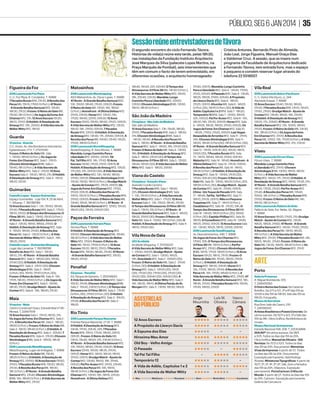 34 | PÚBLICO, SEG 6 JAN 2014

SAIR

Em estreia
lazer@publico.pt
cinecartaz@publico.pt

CINEMAS
Porto
Medeia Cine Estúdio do Teatro Campo
Alegre
R. das Estrelas. T. 226063000
Hiroshima, Meu Amor M12. - 18h30, 22h
ZON Lusomundo Dolce Vita Porto
R. dos Campeões Europeus, 28-198. T. 16996
12 Anos Escravo 13h10, 16h20, 21h10,
00h20; A Propósito de Llewyn Davis M12.
21h20, 23h50; A Revolta dos Perus M6.
13h20, 16h10, 18h40 (V.Port.); Frozen: O
Reino do Gelo M6. 13h10, 16h, 19h (V.Port.);
O Hobbit: A Desolação de Smaug M12.
22h30 (3D); 47 Ronin - A Grande Batalha
Samurai M12. 12h50, 15h40, 18h35,
21h30, 00h25; Grudge Match - Ajuste de
Contas M12. 13h, 15h50, 18h50, 21h40,
00h30; O Passado M12. 19h40; A Vida
Secreta de Walter Mitty M12. 13h50, 16h30,
22h50; A Última Paixão do Sr. Morgan M12.
14h, 16h45, 19h30, 22h20

Aveiro
ZON Lusomundo Fórum Aveiro
R. Homem Cristo. T. 16996
O Hobbit: A Desolação de Smaug M12.
13h30, 17h05, 21h; O Conselheiro M16.
21h40; A Revolta dos Perus M6. 13h50,
16h15, 18h50 (V.Port.); 47 Ronin - A Grande
Batalha Samurai M12. 14h20, 17h15, 21h15;
Frozen: O Reino do Gelo M6. 14h40,
17h25 (V.Port.); Os Jogos da Fome: Em
Chamas M12. 21h20; A Vida Secreta de
Walter Mitty M12. 13h, 15h50, 18h40, 21h30;
7 Pecados Rurais M16. 17h, 19h25, 21h50; O
Tempo dos Dinossauros: O Filme 3D M6.
14h10 (V.Port.); 12 Anos Escravo 14h30,
17h40, 21h10
ZON Lusomundo Glicínias
C. C. Glicínias - Aradas . T. 16996
Horas M12. 13h45, 16h20, 18h55, 21h30;
Pai Por Acaso M12. 21h50; A Revolta dos
Perus M6. 14h10, 16h40, 19h10 (V.Port.);
O Hobbit: A Desolação de Smaug M12.
13h50, 17h25, 21h; 47 Ronin - A Grande
Batalha Samurai M12. 14h20, 17h15, 21h15;
Chovem Almôndegas 2 M6. 14h40 (V.Port.);
A Vida Secreta de Walter Mitty M12.
17h40, 21h40; Frozen: O Reino do Gelo M6.
14h, 17h (V.Port.); Os Jogos da Fome: Em
Chamas M12. 21h10; Grudge Match - Ajuste
de Contas M12. 14h30, 17h35, 21h20

Barcelos
Cinemax - Barcelos
Campo 25 de Abril. T. 253826571
A Revolta dos Perus M6. Sala 1 - 15h30
(V.Port.); A Vida Secreta de Walter Mitty M12.
Sala 1 - 17h30, 21h45; O Hobbit: A Desolação
de Smaug M12. Sala 2 - 15h30, 21h35

Braga
Cinemax - BragaShopping
Av. Central 33. T. 253208010
7 Pecados Rurais M16. Sala 1 - 15h, 23h55;
A Revolta dos Perus M6. Sala 1 - 17h, 22h
(V.Port.); O Tempo dos Dinossauros: O Filme
3D M6. Sala 1 - 13h, 19h (V.Port.); Frozen: O
Reino do Gelo M6. Sala 2 - 14h55, 17h05,
21h55 (V.Port.); 47 Ronin - A Grande Batalha
Samurai M12. Sala 3 - 14h45, 17h05, 21h45;
A Vida Secreta de Walter Mitty M12. Sala 4 14h50, 17h05, 21h50; O Hobbit: A Desolação
de Smaug M12. Sala 5 - 17h, 21h35; Chovem
Almôndegas 2 M6. Sala 5 - 15h, 19h35
(V.Port.)

Teatro Circo
Av. da Liberdade, 697.
T. 253262403
Hiroshima, Meu Amor M12. Sala 1 - 21h30
ZON Lusomundo Braga Parque
R. dos Congregados, S. Victor. T. 16996
O Tempo dos Dinossauros: O Filme 3D M6.
14h10 (V.Port.); A Vida Secreta de Walter
Mitty M12. 16h30, 19h10, 22h, 00h45;
7 Pecados Rurais M16. 14h, 16h20, 19h,
22h10, 00h40; 12 Anos Escravo 13h40,
17h, 21h, 00h05; 47 Ronin - A Grande
Batalha Samurai M12. 13h10, 15h50, 18h50,
21h40, 00h35; O Hobbit: A Desolação de
Smaug M12. 13h20, 17h10, 20h50, 00h20;
Frozen: O Reino do Gelo M6. 13h30, 16h10,
18h40 (V.Port.); Homefront - A Última
Defesa M12. 21h50, 00h15; Os Jogos da
Fome: Em Chamas M12. 21h10, 00h25; A
Revolta dos Perus M6. 13h35, 16h, 18h30
(V.Port.); Chovem Almôndegas 2 M6. 13h25,
15h40 (V.Port.); Horas M12. 13h15, 15h45,
18h10, 21h30, 24h; Grudge Match - Ajuste de
Contas M12. 18h20, 21h20, 00h30

Coimbra
Teatro Académico de Gil Vicente
Univ. de Coimbra, Av. Sá da Bandeira.
T. 239855630
Hiroshima, Meu Amor M12. Sala 1 - 21h30
ZON Lusomundo Dolce Vita Coimbra
C. C. Dolce Vita, R. General Humberto
Delgado, 207. T. 16996
O Hobbit: A Desolação de Smaug M12.
13h50, 17h30, 21h, 00h20; 47 Ronin - A
Grande Batalha Samurai M12. 13h30, 16h10,
18h50, 21h40, 00h25; Frozen: O Reino do
Gelo M6. 14h, 16h30, 19h15 (V.Port.); Os
Jogos da Fome: Em Chamas M12. 22h20;
A Vida Secreta de Walter Mitty M12.
13h45, 16h25, 19h05, 21h50, 00h40;
12 Anos Escravo 14h30, 17h50, 21h30,
00h30; Mandela: Longo Caminho Para
a Liberdade M12. 17h10, 20h50, 23h50; O
Tempo dos Dinossauros: O Filme 3D M6.
14h40 (V.Port.); Khumba M6. 13h40, 16h20,
18h30 (V.Port.); Tal Pai, Tal Filho M12. 21h15,
00h05; Horas M12. 14h20, 16h40, 19h, 21h20,
24h; 7 Pecados Rurais M16. 14h25, 17h,
19h30, 22h, 00h10; A Propósito de Llewyn
Davis M12. 21h45, 00h35; A Revolta dos
Perus M6. 14h10, 16h50, 19h10 (V.Port.)
ZON Lusomundo Fórum Coimbra
Fórum Coimbra.
T. 16996
Chovem Almôndegas 2 M6. 14h, 16h20
(V.Port.); A Vida Secreta de Walter Mitty M12.
18h40, 21h20, 24h; 7 Pecados Rurais M16.
14h35, 16h50, 19h, 21h40, 00h10; Grudge
Match - Ajuste de Contas M12. 13h50,
16h30, 19h05, 21h45, 00h35; O Hobbit: A
Desolação de Smaug M12. 14h10, 17h40,
21h10, 00h30 (3D); 47 Ronin - A Grande
Batalha Samurai M12. 13h40, 16h25, 19h10,
21h50, 00h40; Frozen: O Reino do Gelo M6.
13h30, 16h, 18h30 (V.Port.); Os Jogos da
Fome: Em Chamas M12. 21h, 00h05

Covilhã
Cineplace - Serra Shopping
Avenida Europa, Lt 7 - Loja A102.
Frozen: O Reino do Gelo M6. Sala 1 - 14h30,
16h40 (3D); O Hobbit: A Desolação de
Smaug M12. Sala 1 - 18h50, 22h (3D); O
Tempo dos Dinossauros: O Filme 3D M6.
Sala 2 - 13h10, 15h (3D); 47 Ronin - A Grande
Batalha Samurai M12. Sala 2 - 16h50, 19h20,
21h50 (3D); 12 Anos Escravo Sala 3 - 13h,
15h45, 18h30, 21h15; Chovem Almôndegas
2 M6. Sala 4 - 13h10, 15h20, 17h30; A Vida
Secreta de Walter Mitty M12. Sala 4 - 19h40,
22h10

12 Anos Escravo
De Steve McQueen. Com
Chiwetel Ejiofor, Michael K.
Williams, Michael Fassbender.
EUA/GB. 2013. 134m.
Drama. M16.
EUA, 1841. Solomon Northup,
um negro livre, vive em Nova
Iorque com a família. Um dia,
é raptado e feito escravo. Passa
a ser tratado por Platt, nome
que lhe dão para esconder a sua
condição de homem livre, e é
violentamente forçado a omitir
a sua identidade. É comprado
pelo dono de uma plantação no
Louisiana, onde passará 12 anos
até ser ﬁnalmente libertado.
A Última Paixão do Sr. Morgan
De Sandra Nettelbeck.
Com Clémence Poésy,
Gillian Anderson, Michael
Caine. EUA/BEL/ALE/
FRA. 2013. 116m. Comédia
Dramática. M12.
Matthew Morgan é um norteamericano em Paris. Viúvo, o
ex-professor de Filosoﬁa mede

A Última Paixão
do Sr. Morgan

os dias pela ausência do grande
amor da sua vida. Mas tudo
começa a mudar no dia em
que conhece a jovem Pauline
Laubie. Matthew vai desenvolver
com ela uma relação especial,
de ternura e partilha, que vai
levá-lo a abraçar um recomeço.
Aﬁnal, como costuma dizer, “há
uma fenda em tudo e é ela que
permite a entrada de luz“.
Grudge Match Ajuste de Contas
De Peter Segal. Com Robert
De Niro, Sylvester Stallone,
Kim Basinger, Alan Arkin. EUA.
2013. 113m. Comédia. M12.
Henry “Razor“ Sharp e Billy
“The Kid“ McDonnen, dois
“boxeurs“ de Pittsburgh, ﬁcaram
na história do pugilismo pela sua
rivalidade lendária. Passados 30
anos, ambos se conformaram
à vida de reformados. Mas, um
dia, recebem uma proposta
inesperada: encontrarem-se para
um derradeiro duelo. O apelo
do ringue revela-se demasiado

forte e eles acabam por aceitar o
desaﬁo. Agora, só têm de se pôr
em forma...
Horas
De Eric Heisserer.
Com Genesis Rodriguez, Paul
Walker, Nick Gomez.
EUA. 2013. 97m. Drama,
Thriller. M12.
Nova Orleães, 2005. Uma mulher
grávida dá entrada no hospital
para um parto prematuro.
Nolan, seu companheiro e
pai da criança, recebe uma
notícia devastadora: a mulher
não resistiu. Contudo, a ﬁlha
sobreviveu, embora esteja
dependente da incubadora
neonatal. No meio desta
tempestade de emoções, o
furacão Katrina chega à cidade.
Todos abandonam o hospital,
que não tarda a ﬁcar isolado
pela subida das águas. Nolan
está sozinho com a ﬁlha e não
vislumbra socorro. E, quando a
energia falha, a vida da bebé ﬁca
em perigo...

 