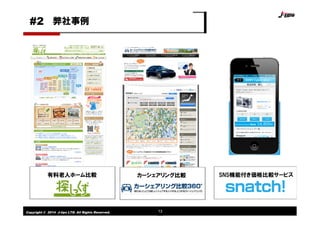 Copyright © 2014 J-tips LTD. All Rights Reserved. 13
#2
SNS機能付き価格比較サービスカーシェアリング比較有料老人ホーム比較
弊社事例
 