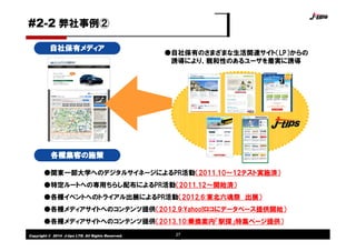 Copyright © 2014 J-tips LTD. All Rights Reserved. 27
自社保有メディア
各種集客の施策
●自社保有のさまざまな生活関連サイト（LP）からの
誘導により、親和性のあるユーザを着実に誘導
●関東一部大学へのデジタルサイネージによるPR活動（2011.10～12テスト実施済）
●特定ルートへの専用ちらし配布によるPR活動（2011.12～開始済）
●各種イベントへのトライアル出展によるPR活動（2012.6:東北六魂祭 出展）
●各種メディアサイトへのコンテンツ提供（2012.9:Yahoo!ロコにデータベース提供開始）
●各種メディアサイトへのコンテンツ提供（2013.10:乗換案内「駅探」特集ページ提供）
#2-2 弊社事例②
 