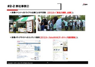 Copyright © 2014 J-tips LTD. All Rights Reserved. 29
＜各種イベントへのトライアル出展によるPR活動 （2012.6～「東北六魂祭 」出展）＞
＜各種メディアサイトへのコンテンツ提供（2012.9～:Yahoo!ロコにデータベース提供開始）＞
#2-2 弊社事例②
 