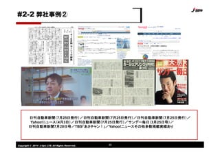 Copyright © 2014 J-tips LTD. All Rights Reserved. 30
日刊自動車新聞（7月25日発行）／日刊自動車新聞（7月25日発行）／日刊自動車新聞（7月25日発行）／
Yahoo!ニュース（4月3日）／日刊自動車新聞（7月25日発行）／サンデー毎日（3月25日号）／
日刊自動車新聞7月20日号／TBS「あさチャン！」／Yahoo!ニュースその他多数掲載実績あり
#2-2 弊社事例②
 